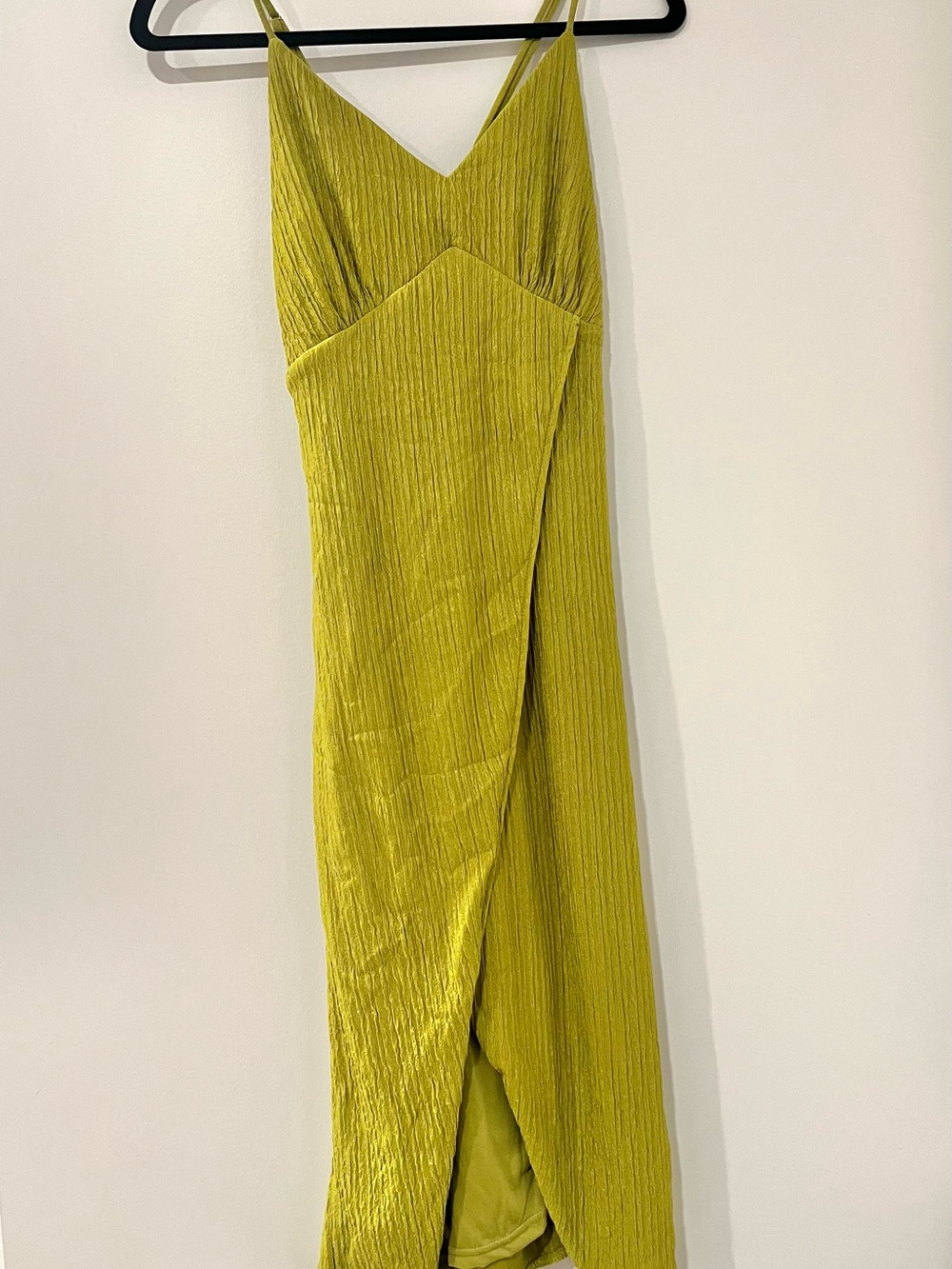 Lulu's View and I Chartreuse Tie-Back Faux-Wrap Midi Dress